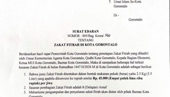 Pemkot Gorontalo Tetapkan Zakat Fitrah 2026 Sebesar Rp45 Ribu per Jiwa