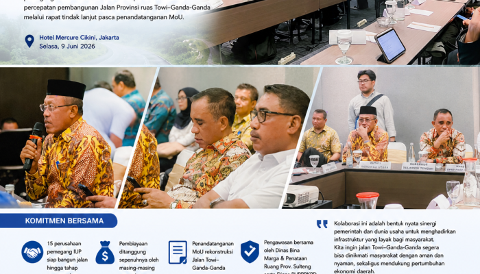 Pemprov Sulteng dan 15 Perusahaan Tambang Sepakat Bangun Jalan Towi–Ganda-Ganda, Pekerjaan Dimulai Juli 2026