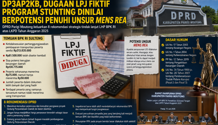 DPRD Parigi Moutong Minta Inspektorat Lakukan Pemeriksaan Khusus Terhadap DP3AP2KB, Dugaan LPJ Fiktif Program Stunting Dinilai Berpotensi Penuhi Unsur Mens Rea